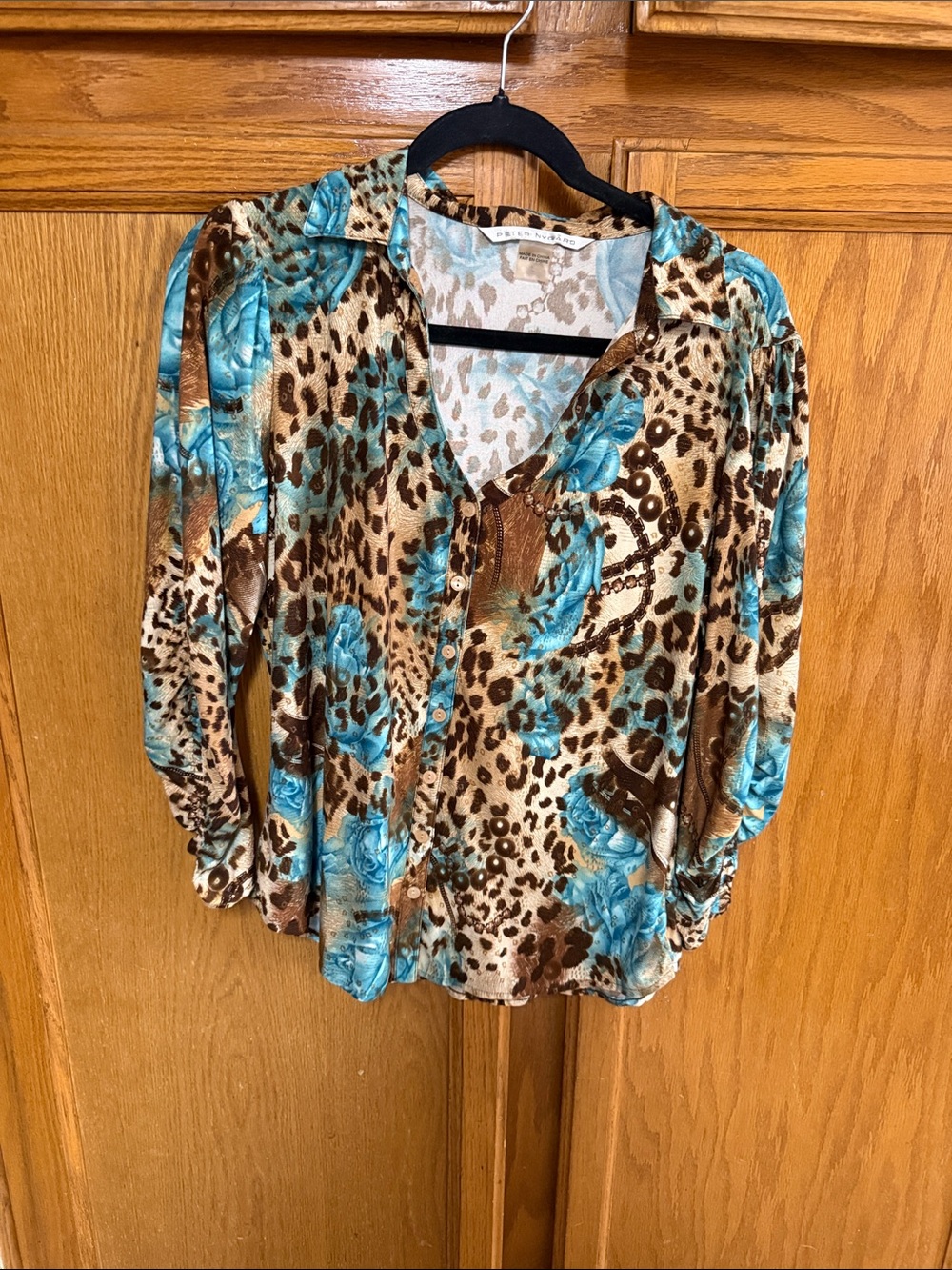 Peter Nygard Turquoise and Brown Animal Floral Button-Down Shirt